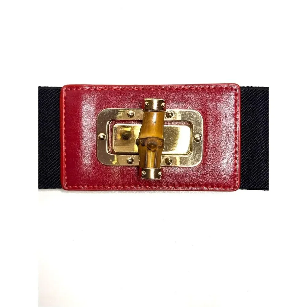 NEW Faux Leather Red Buckle Elastic Waist Belt 26”-32”